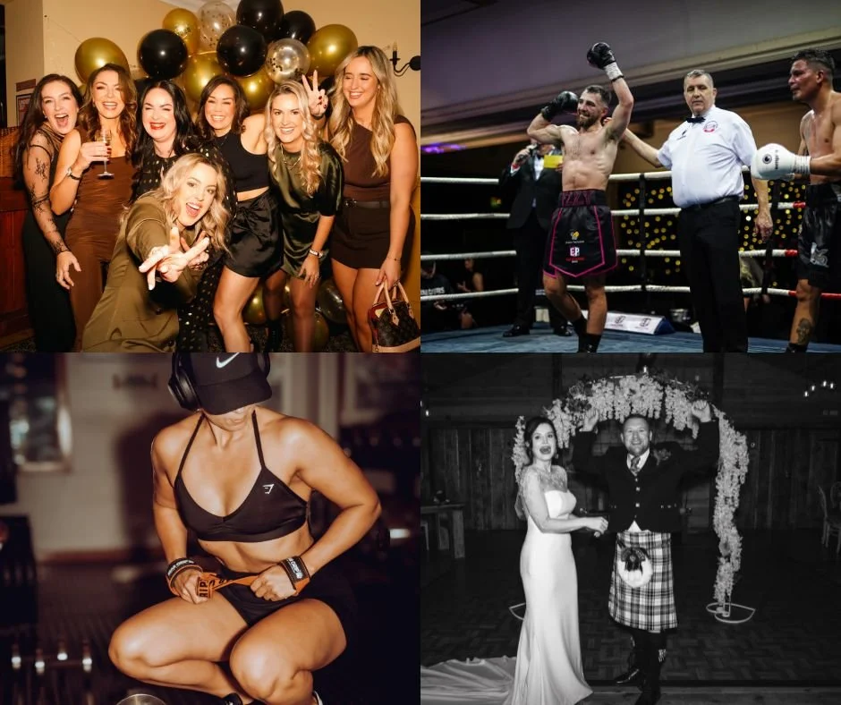 Top left: group of women celebrating at a party with balloons in the background. Top right: two male boxers in a ring, one celebrating a victory, referee and another boxer present. Bottom left: woman in workout gear with headphones, seated and adjusting her shorts. Bottom right: bride and groom on wedding dance floor with floral arch in the background.