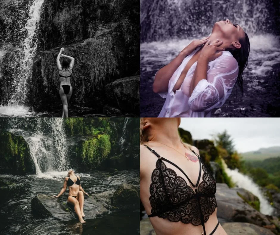 Four women in waterfalls and nature settings.