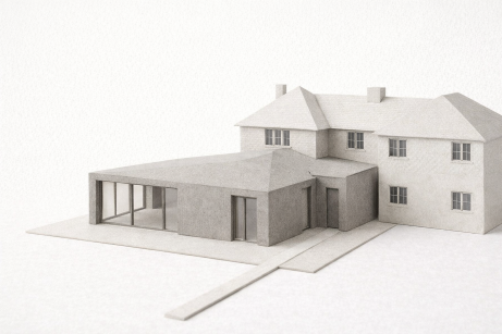 A model of a two-story house with a modern extension and a driveway.