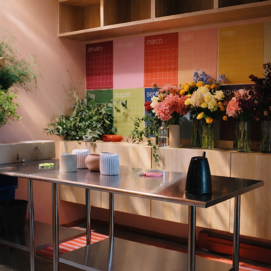 A decorated room with a pink wall, a colorful calendar, potted plants, and a vase with pink, yellow, and purple flowers on a wooden shelf. A metal table with vases, a black pitcher, and some small objects is in the foreground.