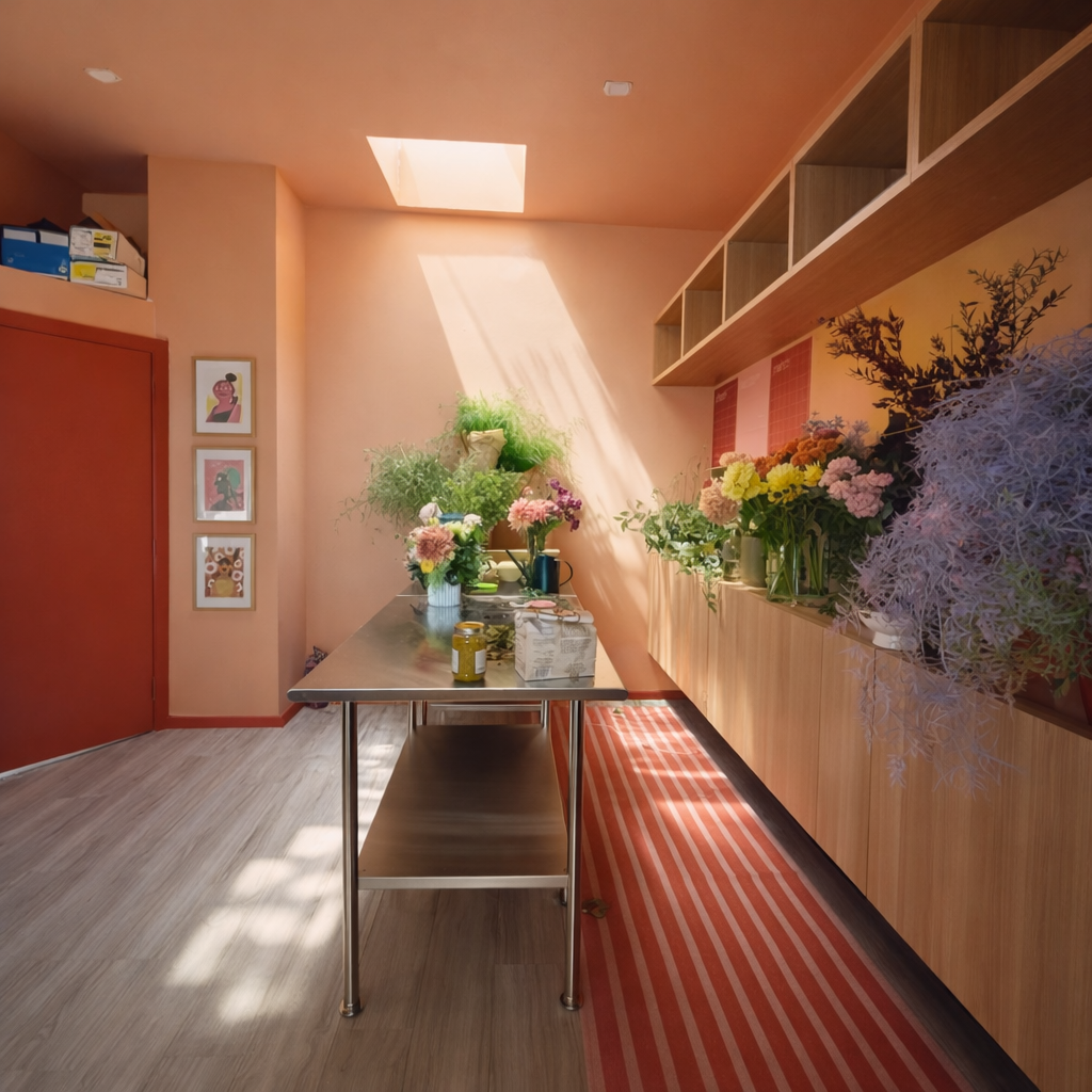 Sunlight streaming through a skylight onto a brightly decorated room with a stainless steel table, colorful flowers, and wooden shelving along the wall. marigolds florals