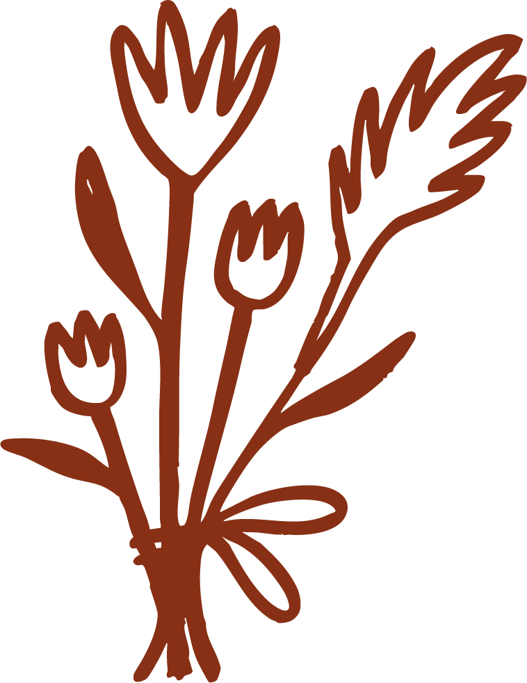 A simple brown line drawing of a bouquet of flowers, including three tulips and assorted leaves.