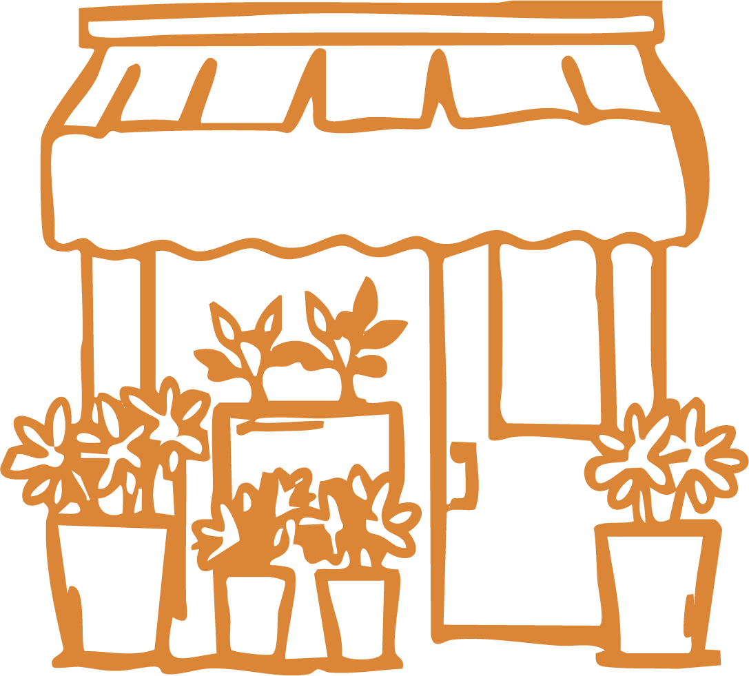 Line drawing of a small storefront or garden shed with a striped awning, surrounded by potted plants.