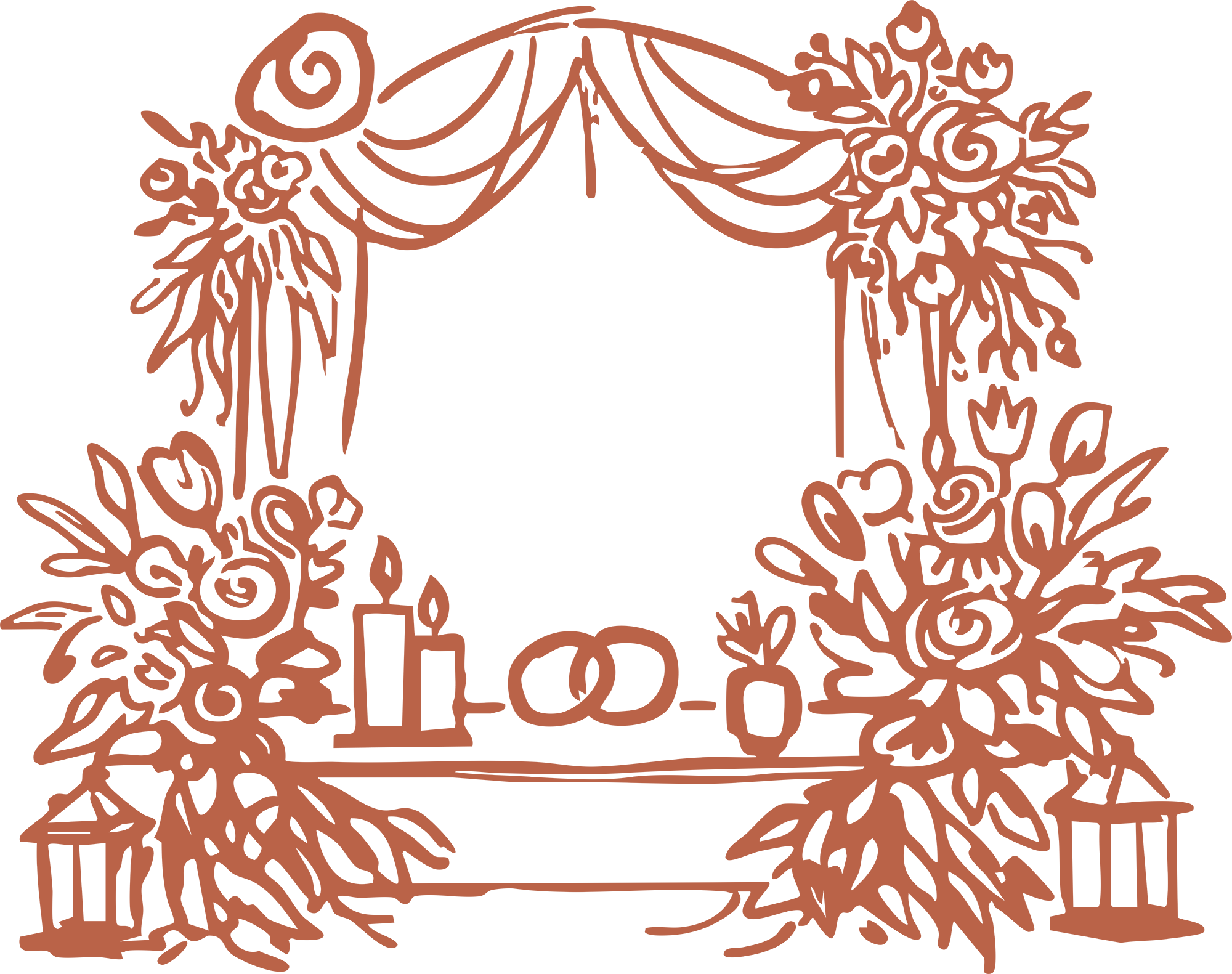 Line drawing of a decorative window with curtains and floral frame, candles, books, a vase, and lanterns on the windowsill.