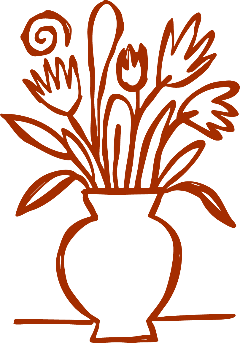 Line drawing of a flower vase with flowers and leaves.