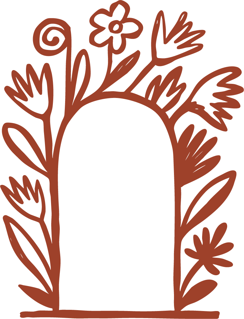 Brown floral arch with various flowers and leaves surrounding a blank space.