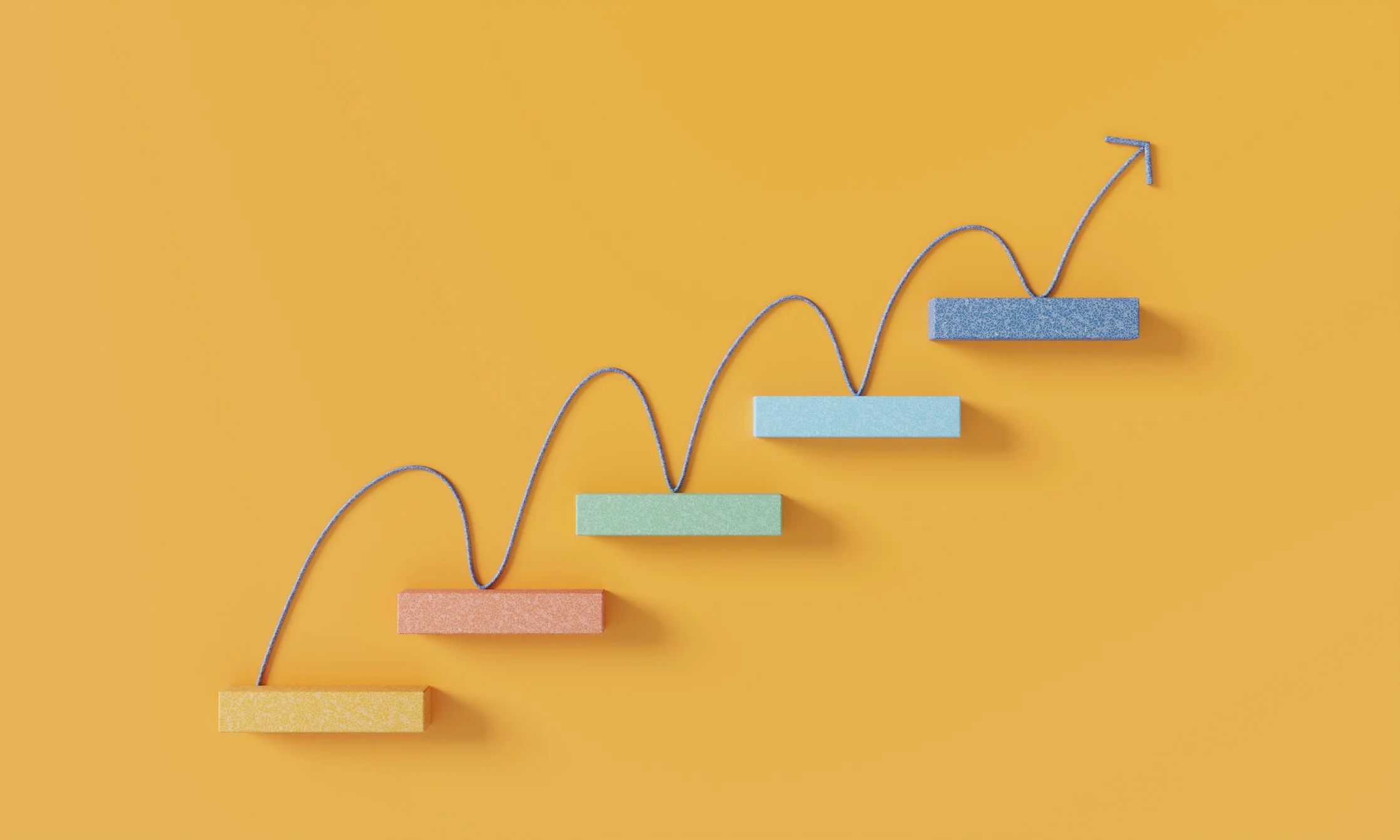 This visual represents the structured progression of professional sales development through Synergize Growth. The upward stair-like pathway illustrates evidence-based sales training, skill mastery, and career advancement built through disciplined lea
