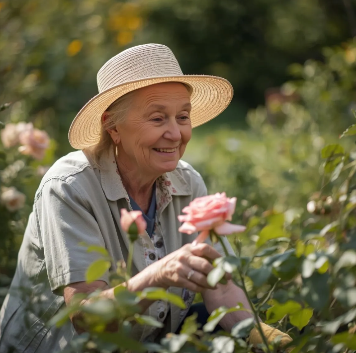 An elderly woman with gray hair, wearing a wide-brimmed straw hat, a light gray shirt, and earrings, is smiling as she gently holds a pink rose in a lush garden.