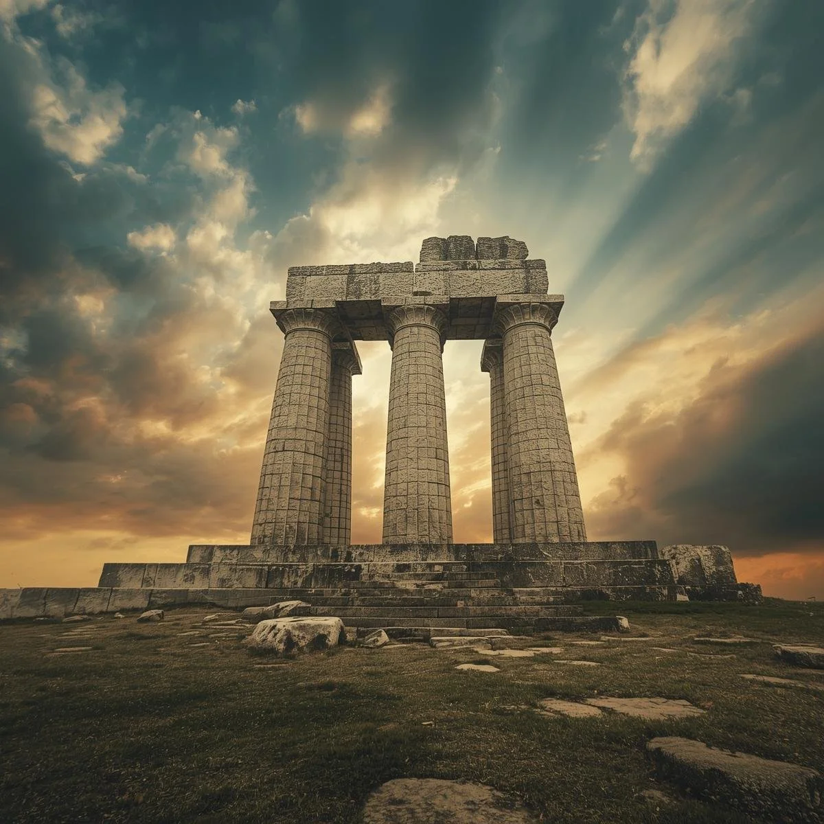 Ancient Greek temple ruins with four large stone columns under a cloudy sky with sunlight streaming through.