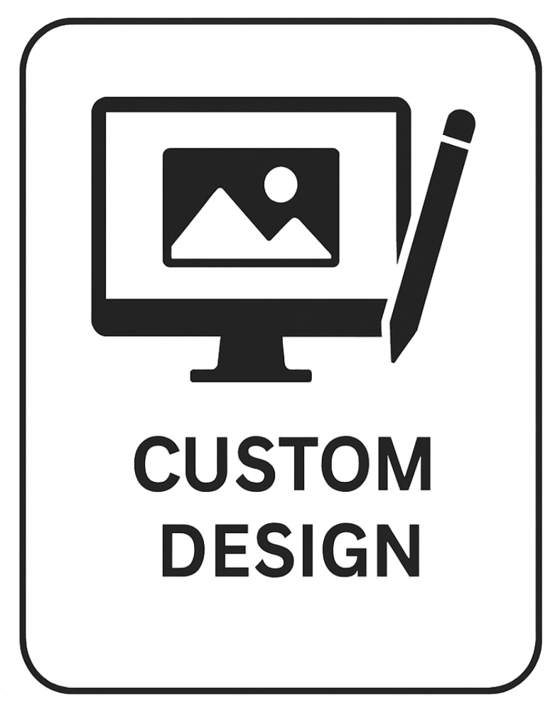 Icon of a computer monitor displaying an image with a mountain and sun, accompanied by a stylus or pen, and the text 'CUSTOM DESIGN' beneath.