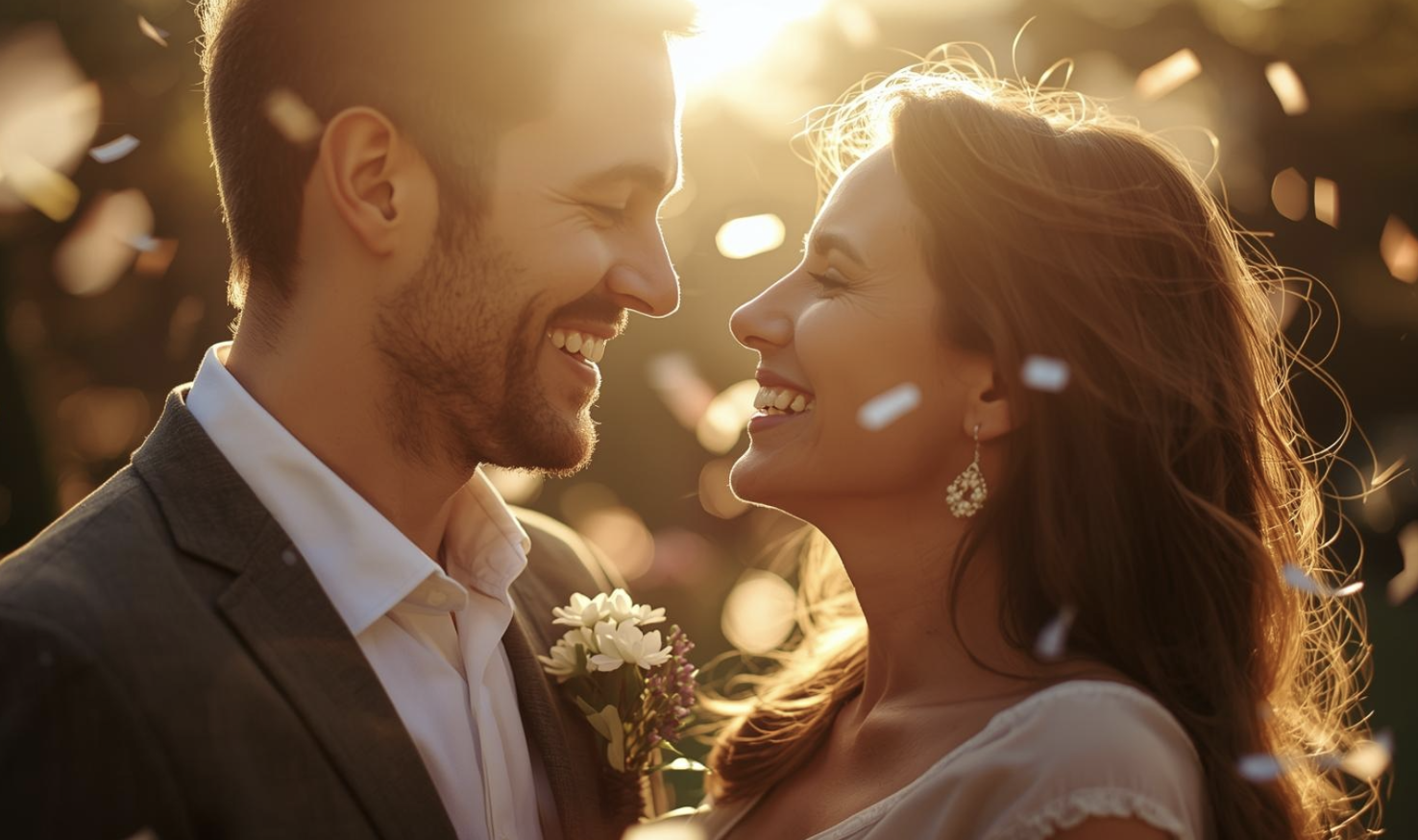 A newlywed couple faces each other, smiling, with sunlight and falling confetti in the background.