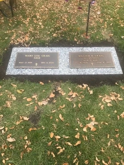 Gravestone for Mary Lou Craig Sage (May 13, 1929 - December 6, 2020) and William R. Craig (October 16, 1926 - June 14, 1999).