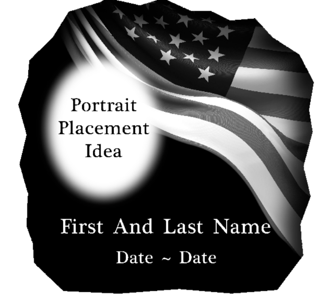 A template for an American-themed portrait placement with a distorted American flag in the background, featuring placeholders for a name, date, and the text 'Portrait Placement Idea'.