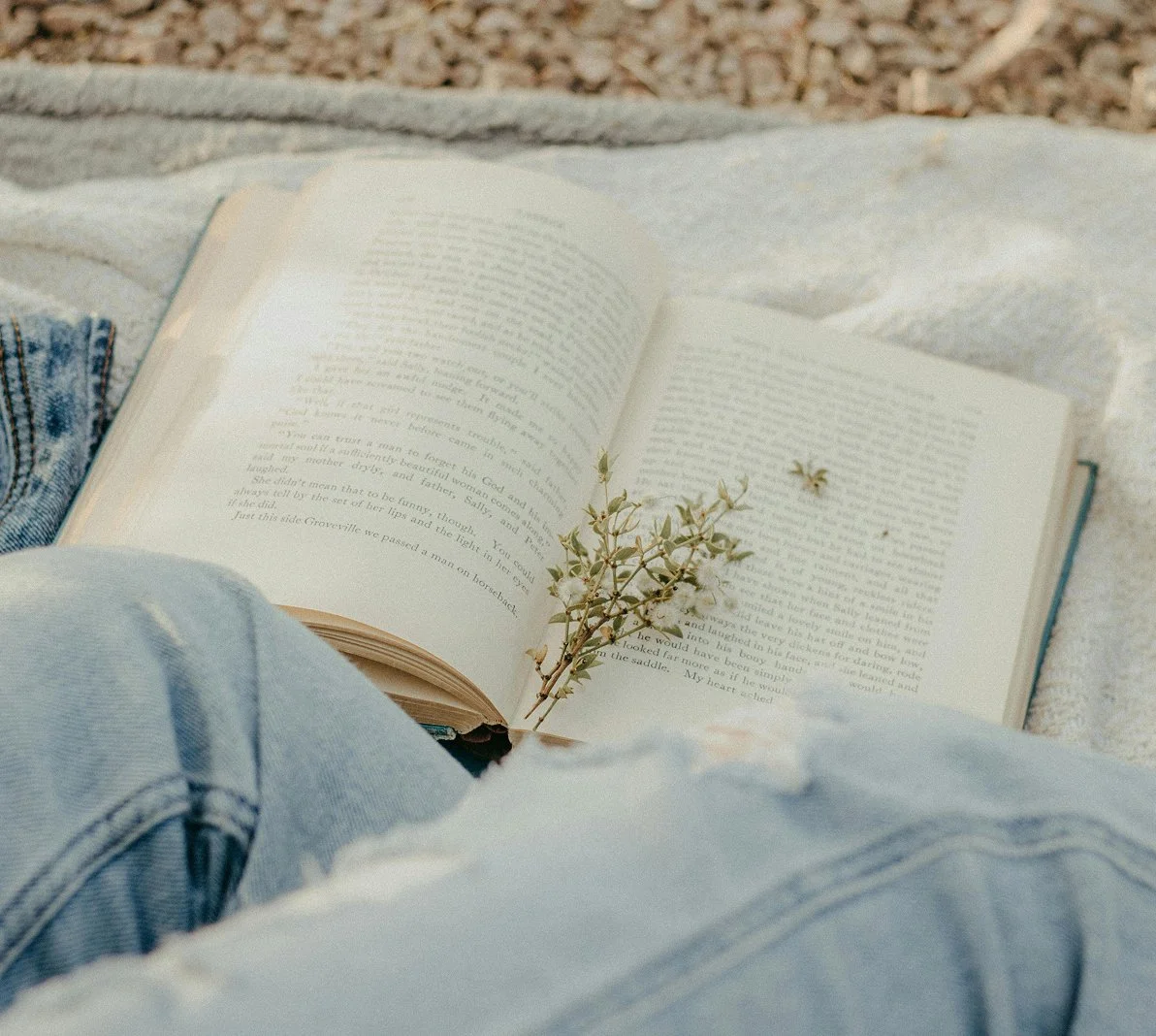 Open book resting on a blanket with a small branch with white flowers, while a person wearing ripped jeans reads outdoors.