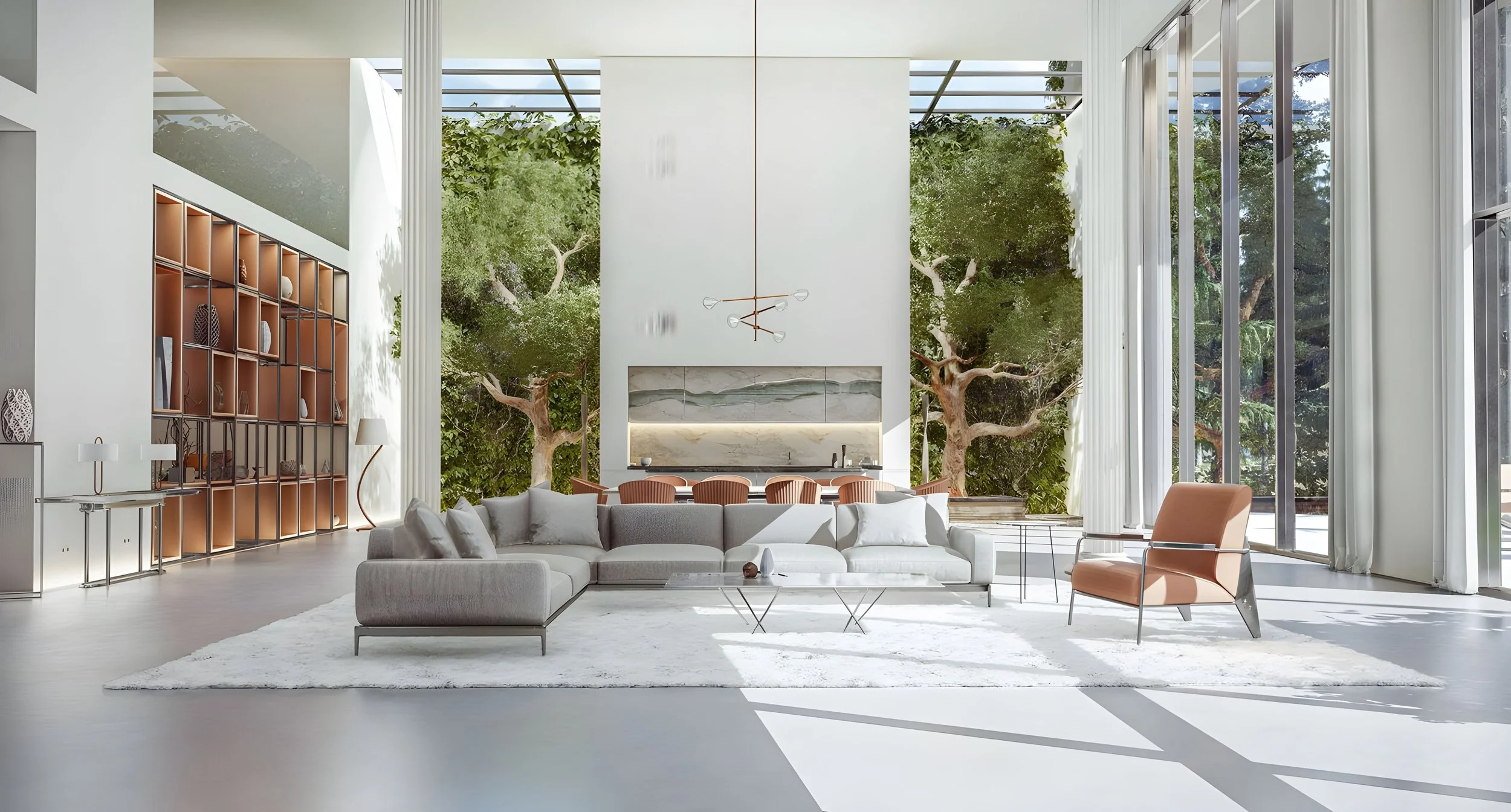 Modern living room with large windows, white walls, a white sectional sofa, a pink armchair, a white rug, and a view of tall trees outside.