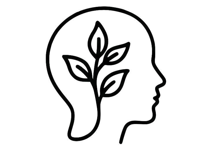 Outline of a human head with a leaf and plant inside
