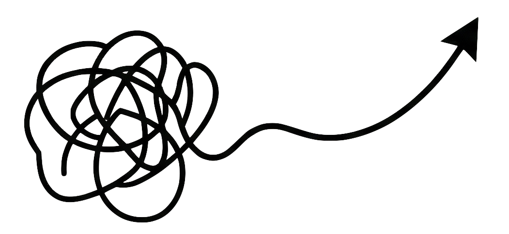 Line art illustration of a tangled, chaotic mess that smoothly transitions into a clear upward trending arrow.