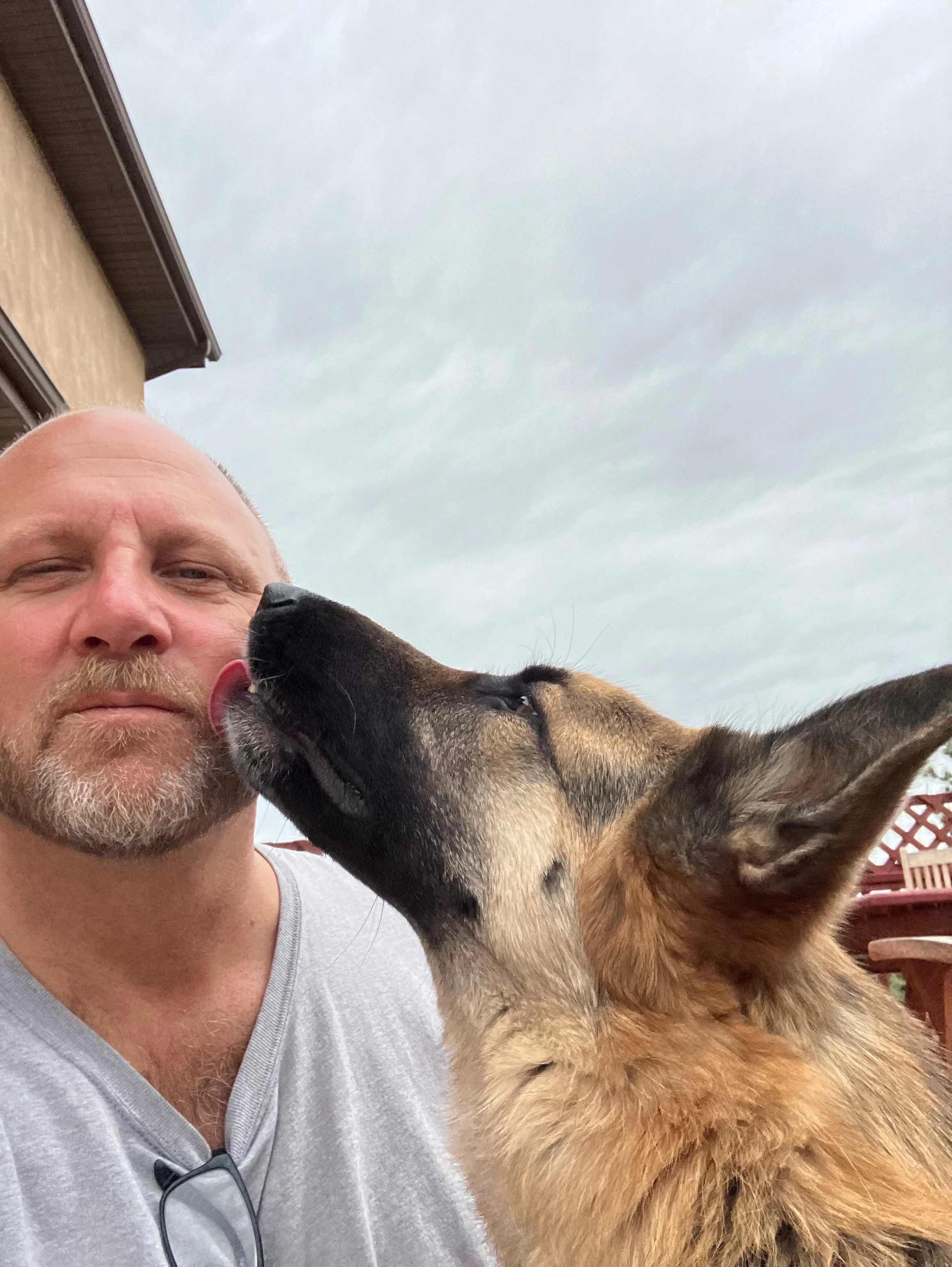Dog Uncle Nate with a German Shepherd dog licking the his face because they are best friends.