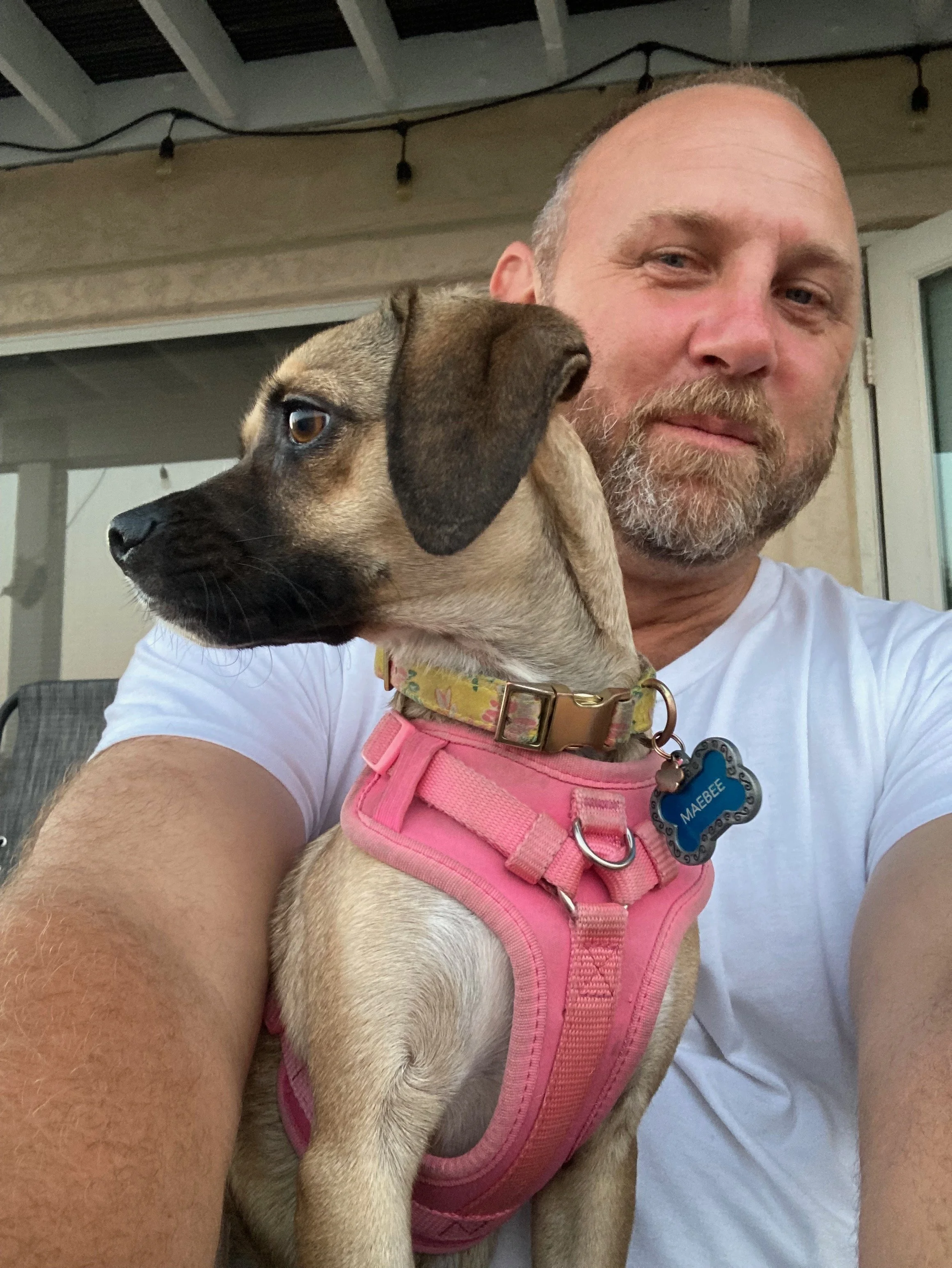 Dog Uncle Nate taking a selfie with a young dog wearing a pink harness and a yellow collar.