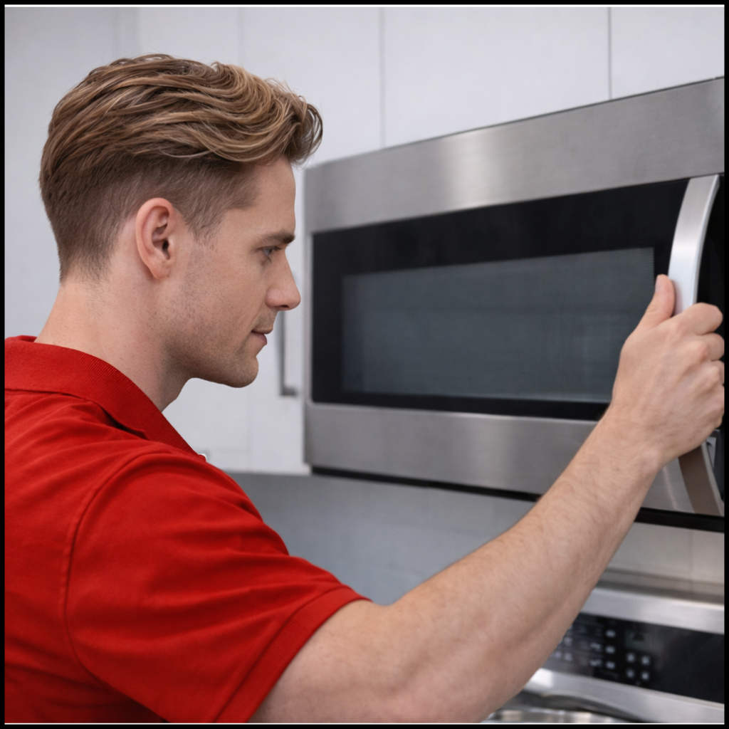 Appliance repair technician servicing a microwave in a residential kitchen in Metro Detroit