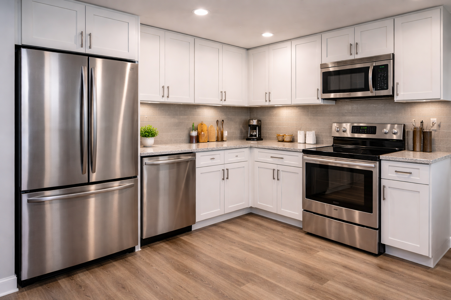 Modern kitchen with white cabinets, stainless steel refrigerator, microwave, and oven, grey tiled backsplash, wooden flooring, and countertop with small decorative items and a potted plant.