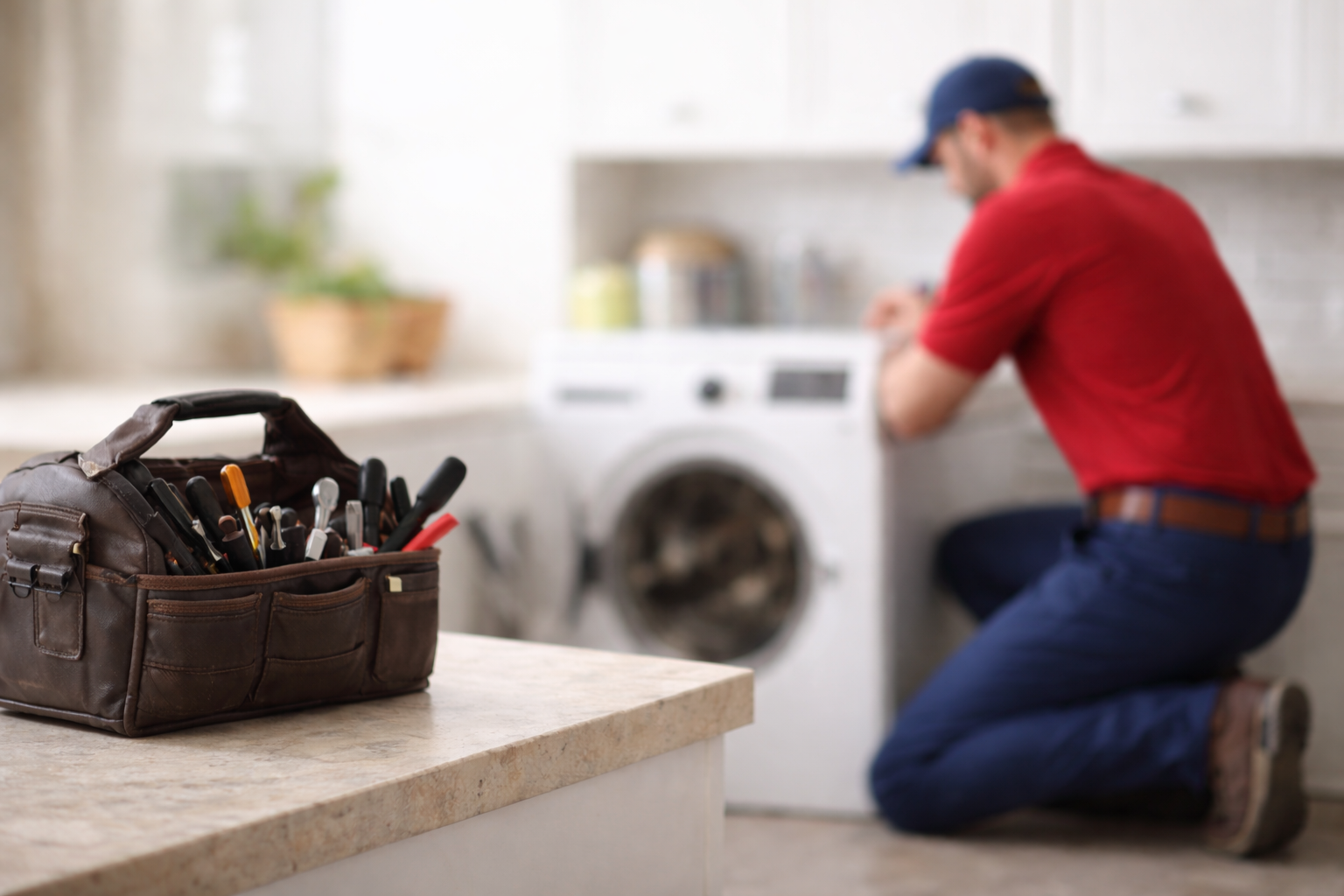 A tool kit with various repair tools on a kitchen countertop with a plumber working on a washing machine in the background.
