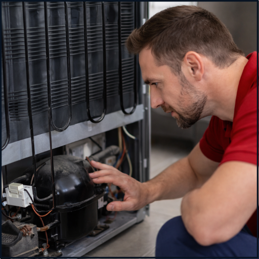 A technician inspecting the compressor of a refrigerator or freezer.