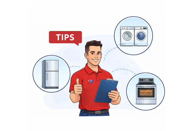 Appliance repair technician illustration showing common household appliances