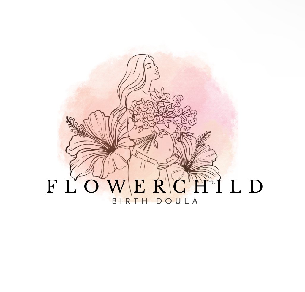 Logo for Flowerchild Birth Doula featuring a line drawing of a pregnant woman holding flowers, with pink watercolor background and text 'Flowerchild' and 'Birth Doula'.