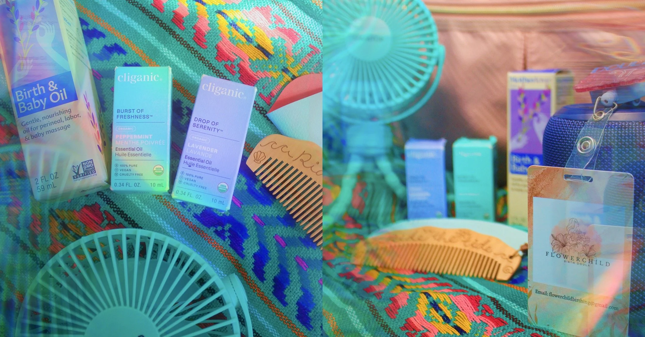 Collection of essential oils, a decorative comb, and a small portable fan on a colorful textile surface.
