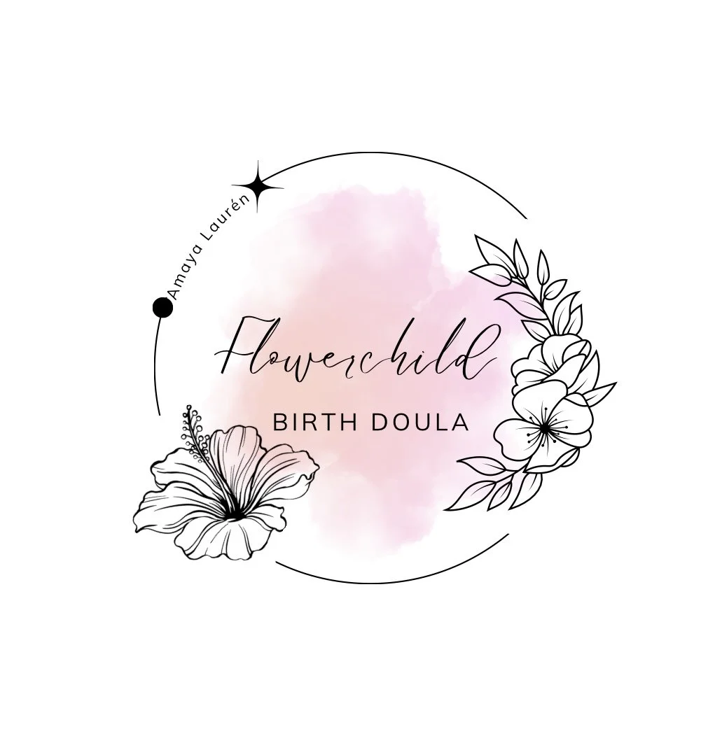Logo for Flowerchild Birth Doula with pink watercolor background, black floral illustrations, and minimalistic design elements.