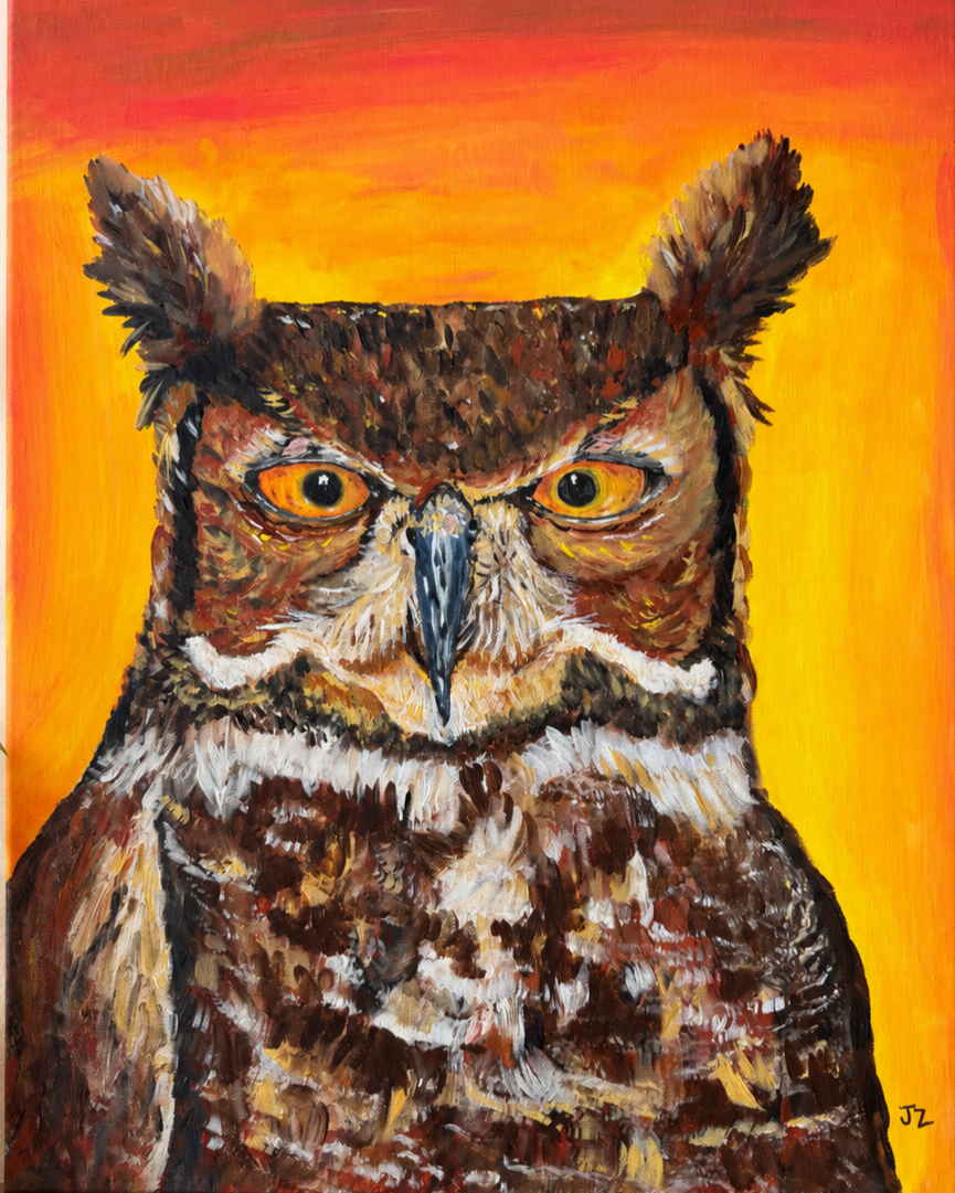 A painting of an owl with yellow eyes, set against an orange and yellow background.