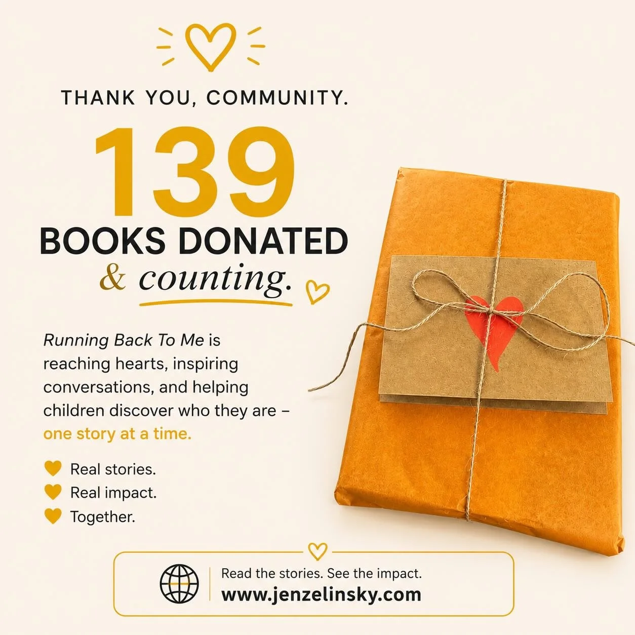 Feeling grateful for your support helping Running Back To Me reach more kids. 💛 www.jenzelinsky.com