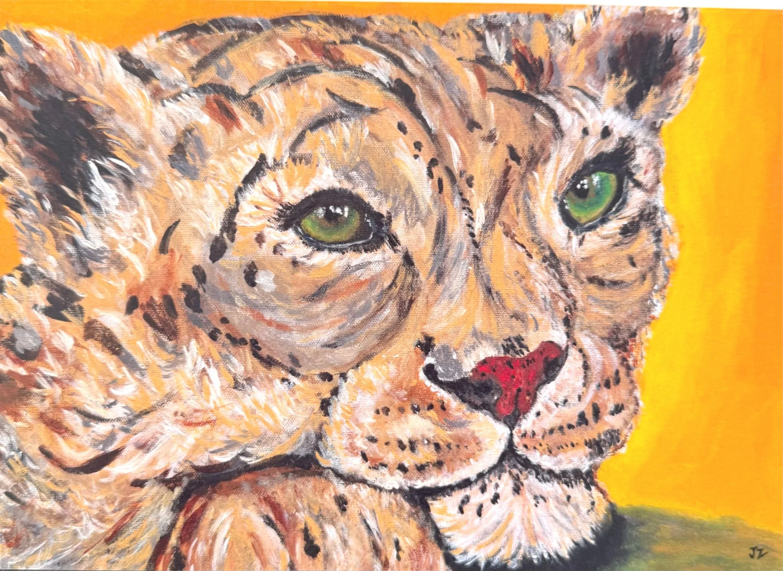 Painting of a snow leopard with piercing green eyes on a yellow background.