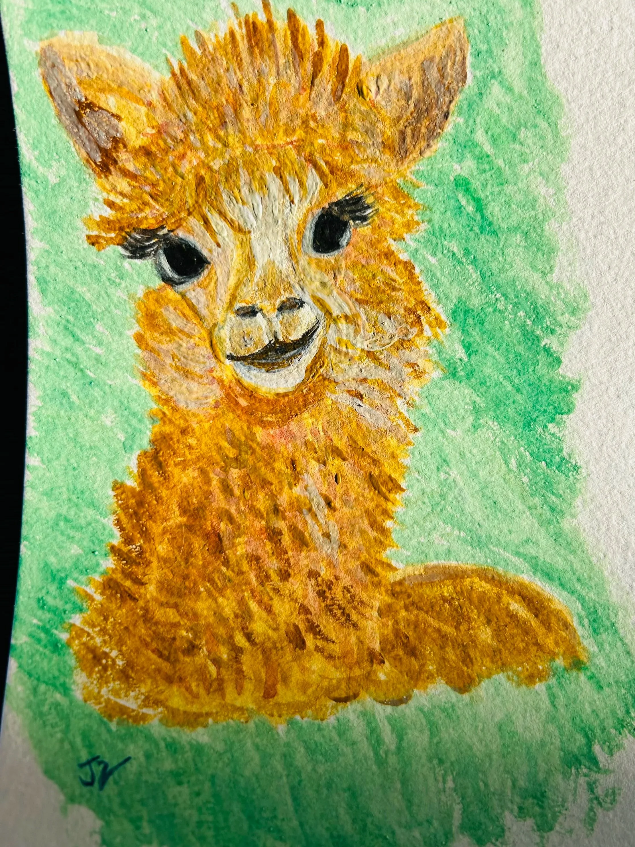 Watercolor painting of a cute, smiling baby alpaca with a green background.