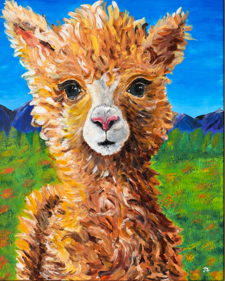 Colorful painting of an alpaca with large dark eyes and fluffy fur standing outdoors with green grass, distant mountains, and a clear blue sky.