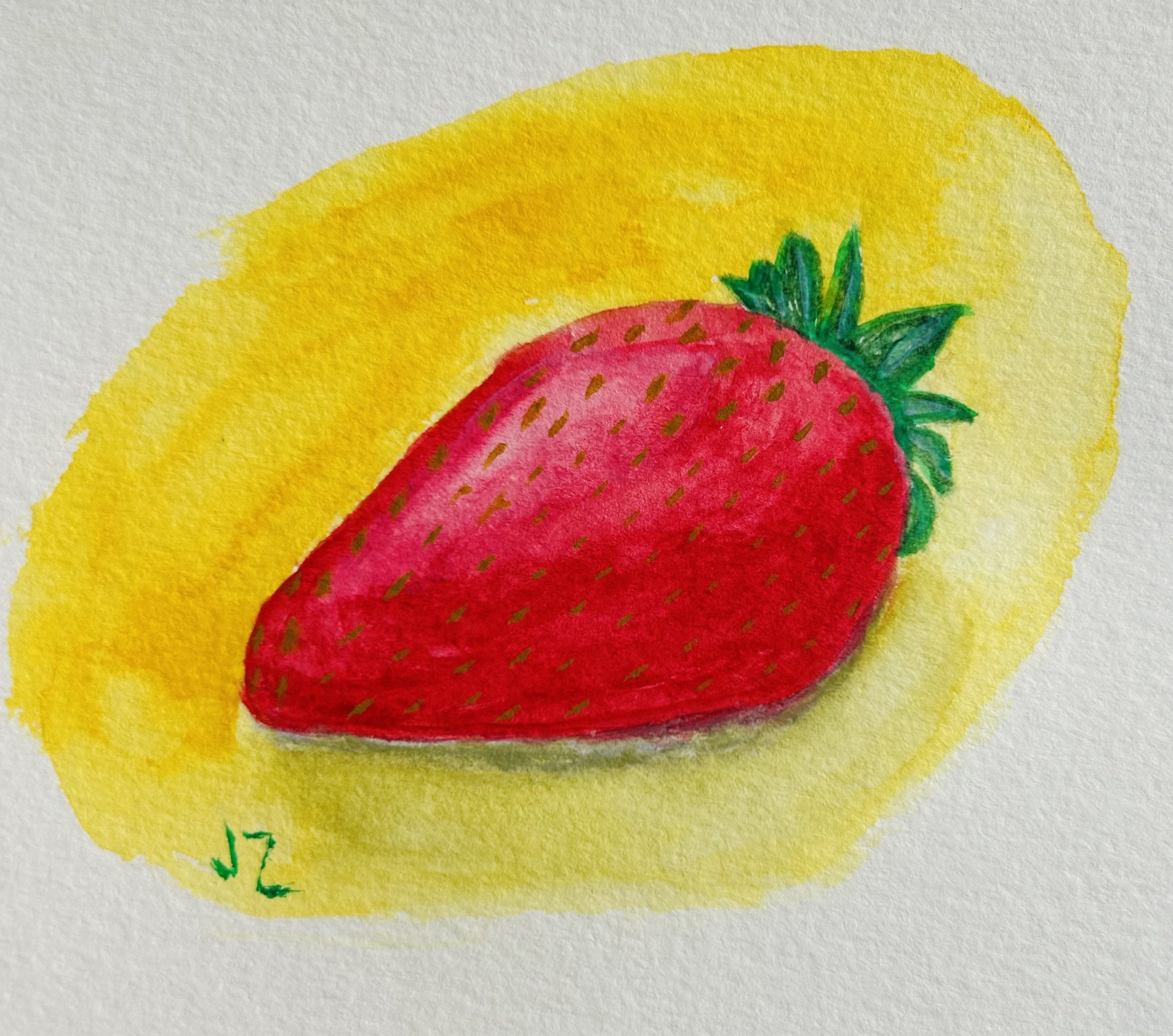 Watercolor painting of a red strawberry with green leaves on a yellow background.