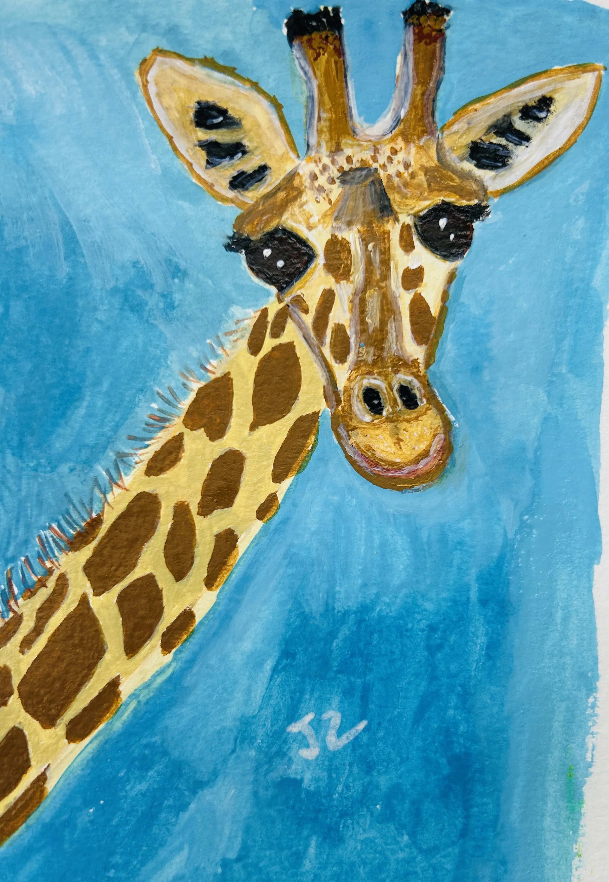 Watercolor painting of a smiling giraffe with a blue background.