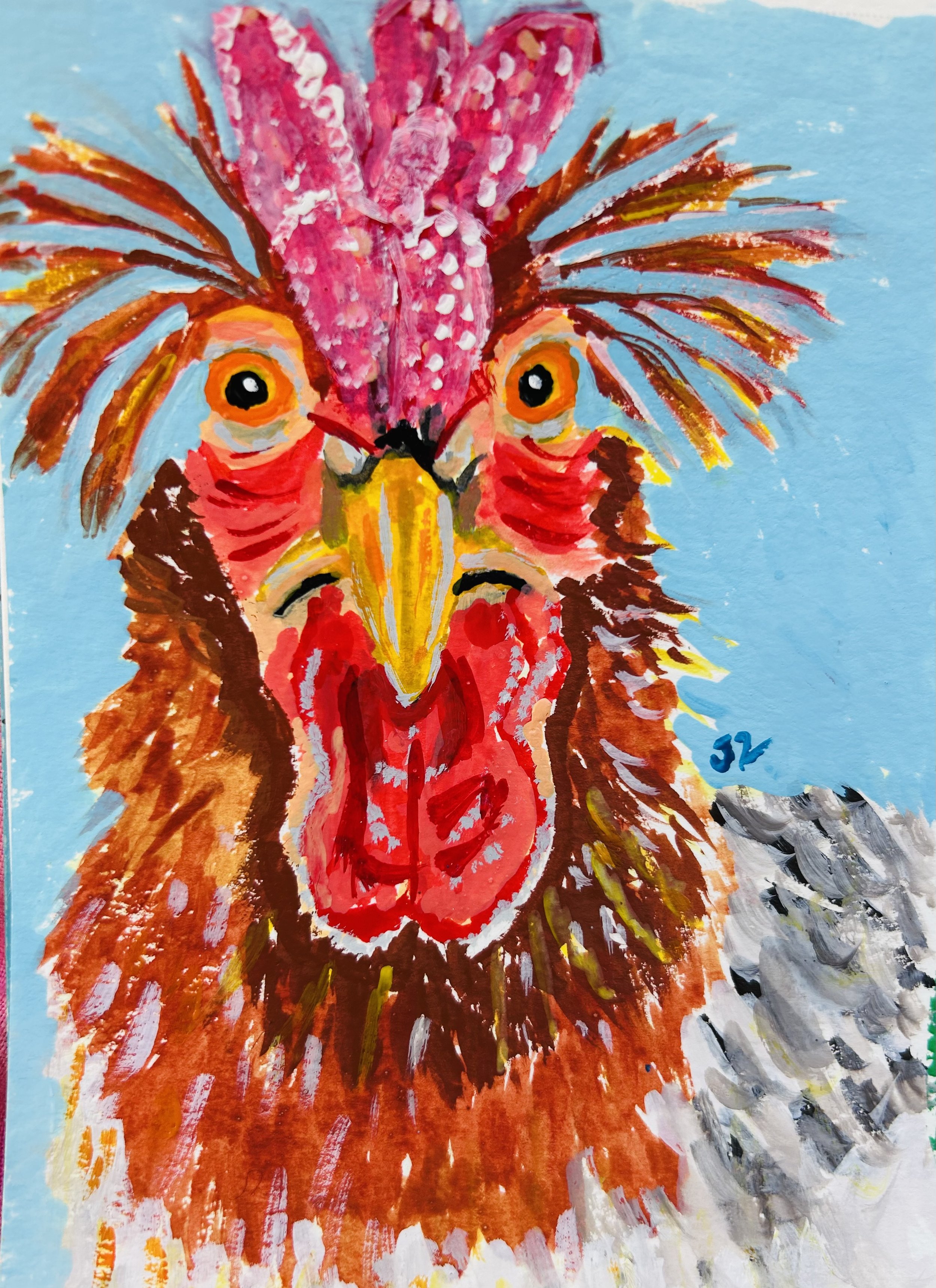 Watercolor painting of a chicken's face with an imaginative, artistic style, featuring vibrant reds, oranges, pinks, and yellows, with a blue background.