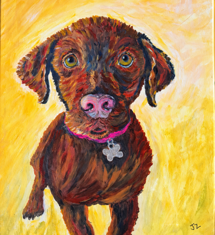 Colorful painting of a brown dog with a pink nose and a pink collar with a silver tag, looking up. Bright yellow background.