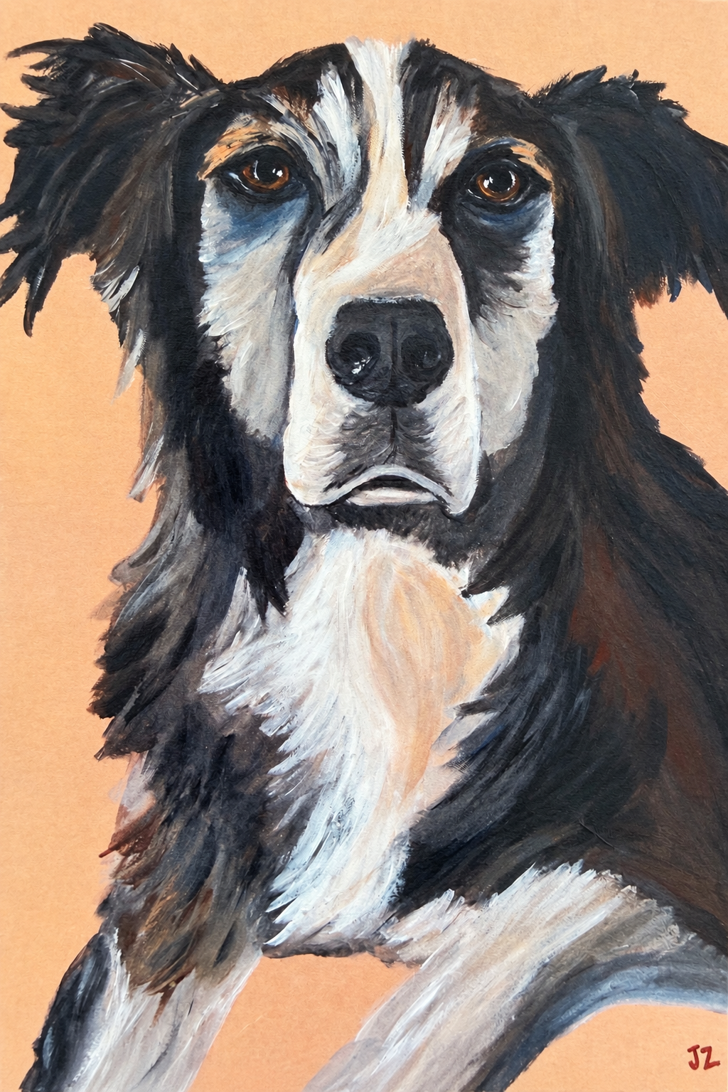 A portrait painting of a dog with black, white, and tan fur, looking directly at the viewer against a plain beige background.