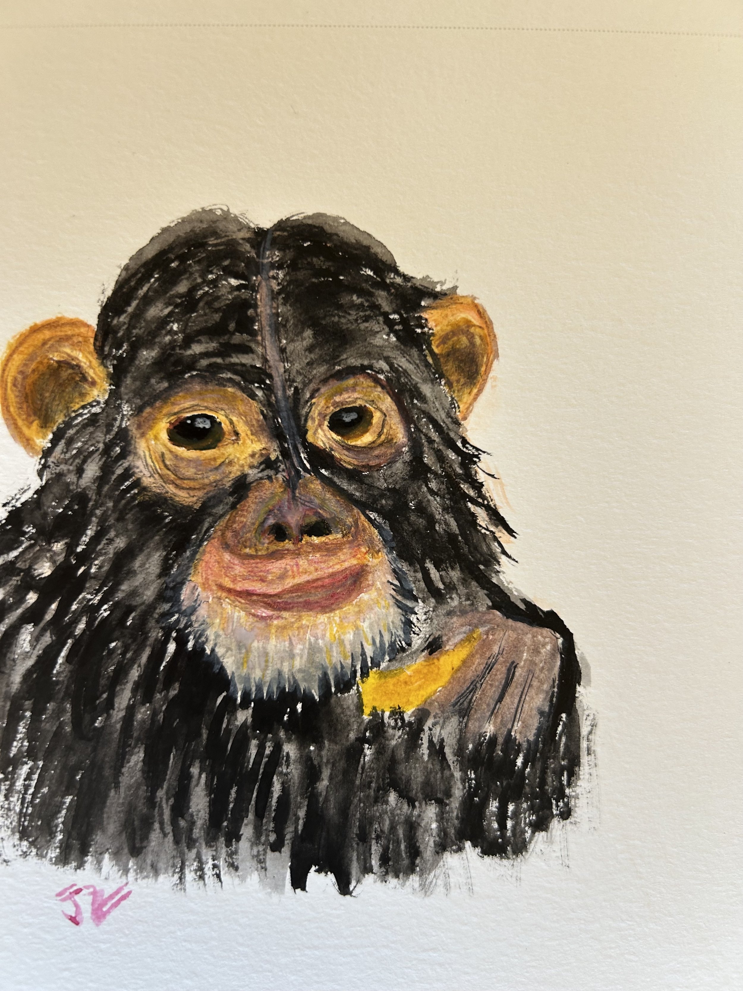 Watercolor painting of a chimpanzee with black and brown fur, expressive eyes, yellow accents around the face, and a hint of a smile, on a white background.