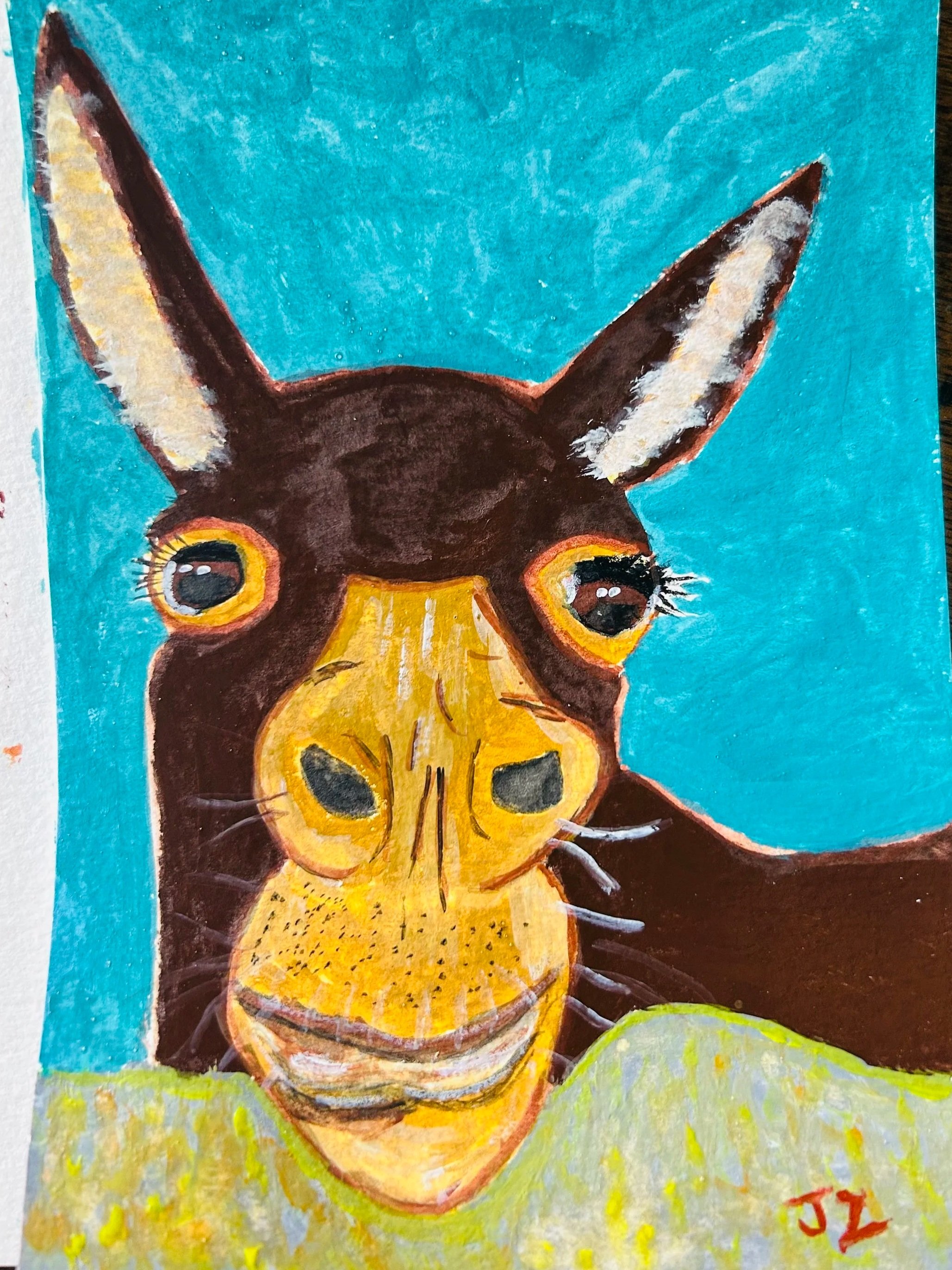 Watercolor painting of a donkey and set against a bright blue background.