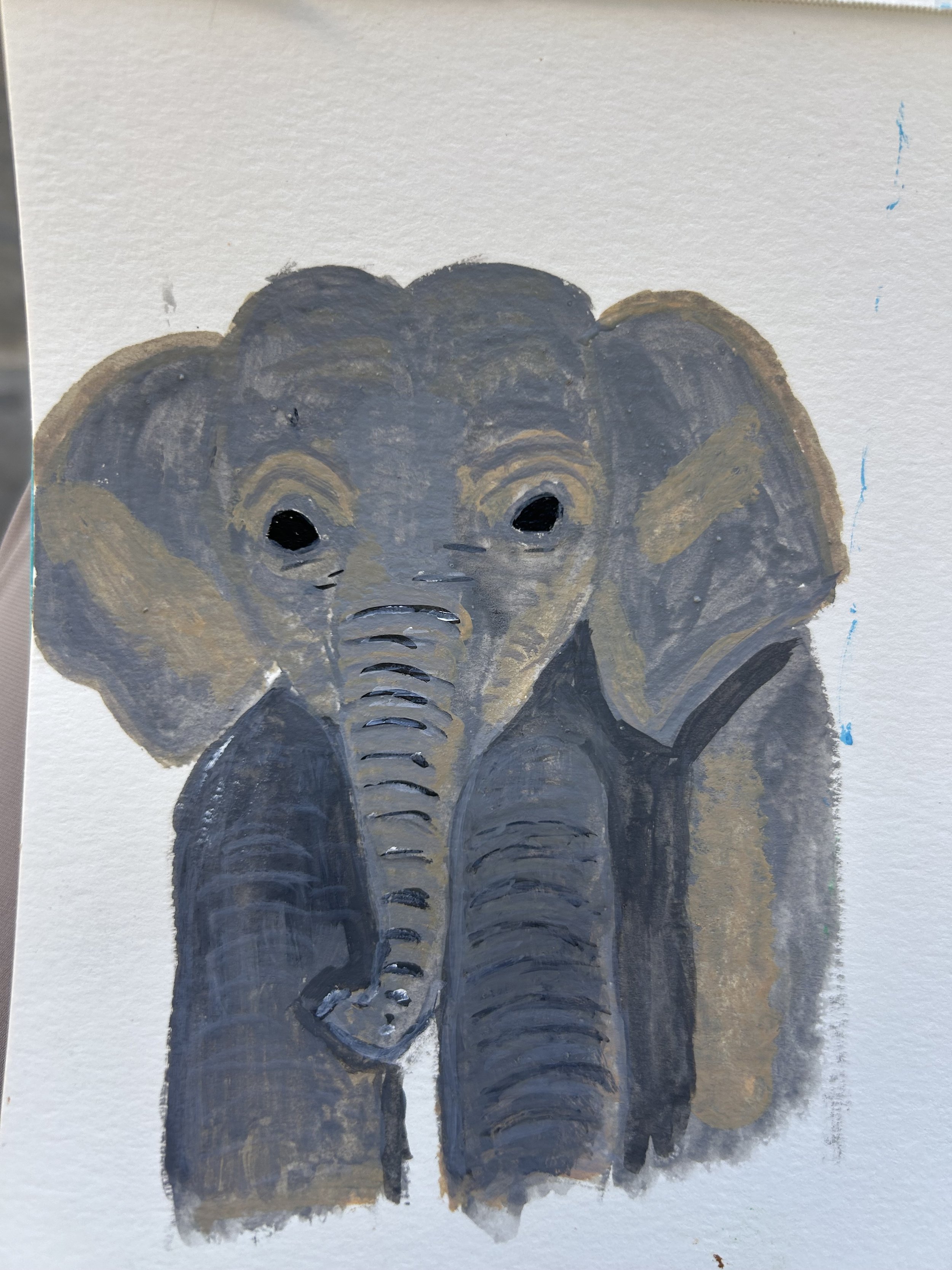 Watercolor painting of a young elephant with large ears, dark eyes, and a trunk, using muted shades of gray, beige, and black.