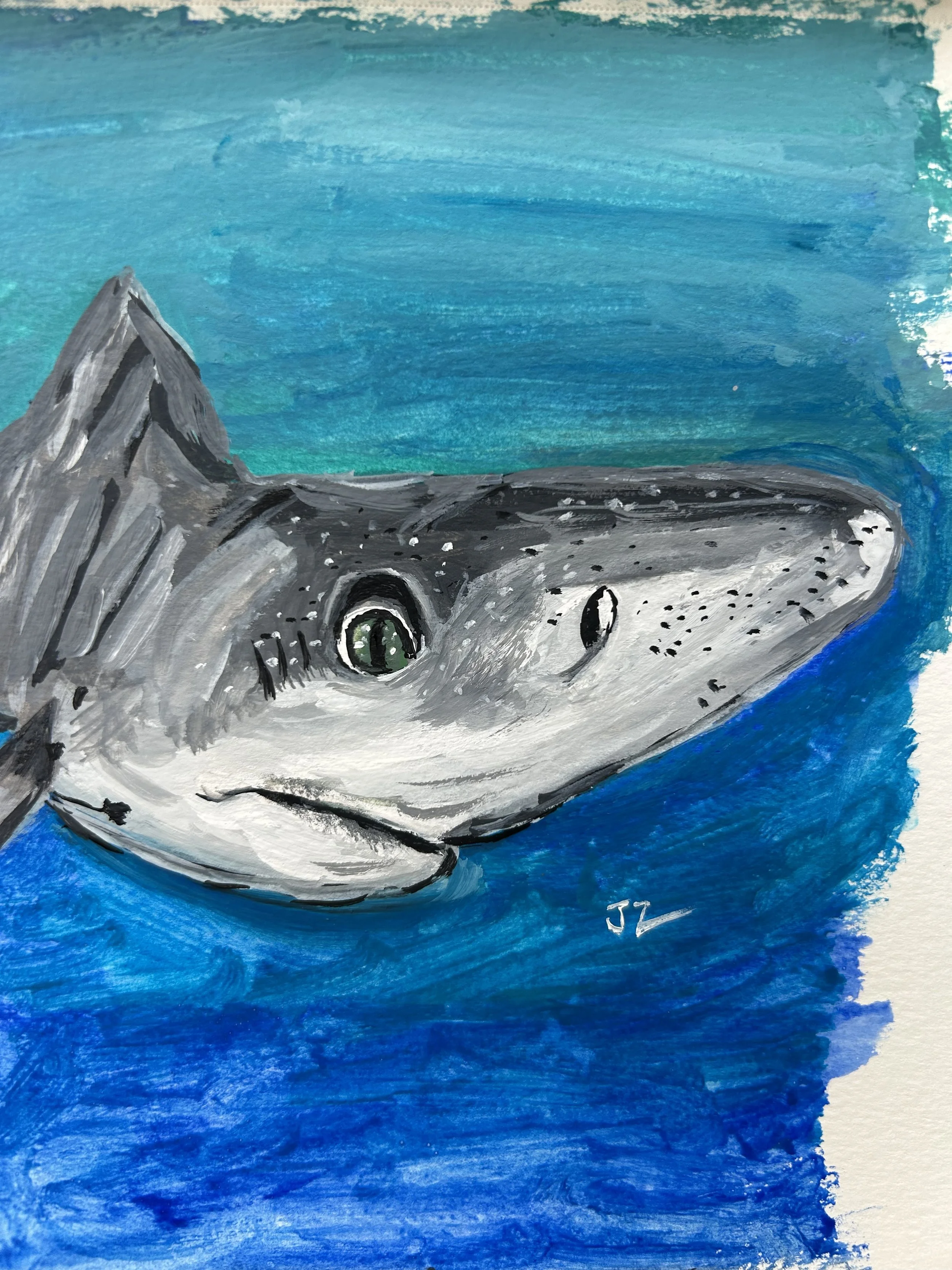 Watercolor painting of a shark swimming in the ocean.