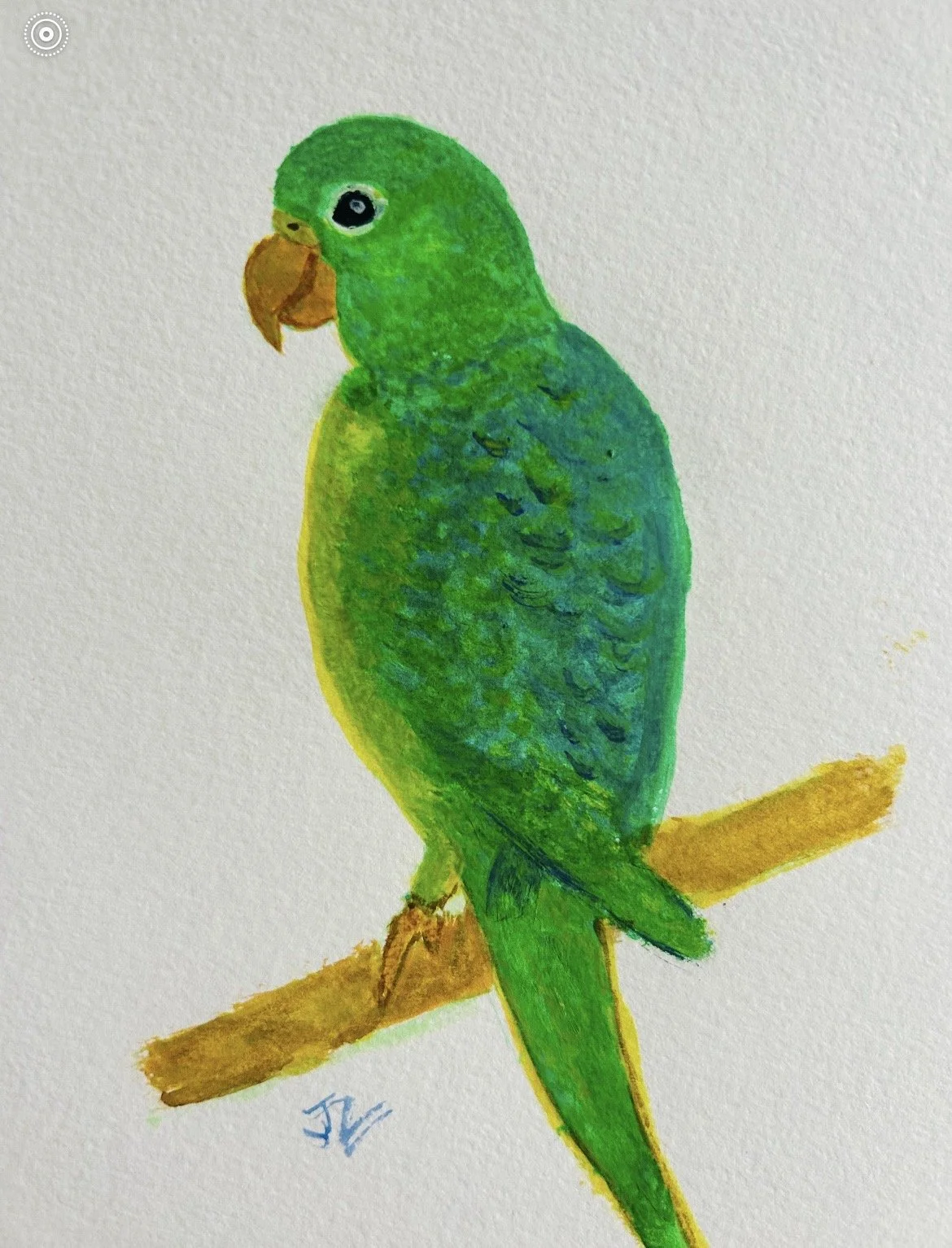 Watercolor painting of a green parrot perched on a branch.