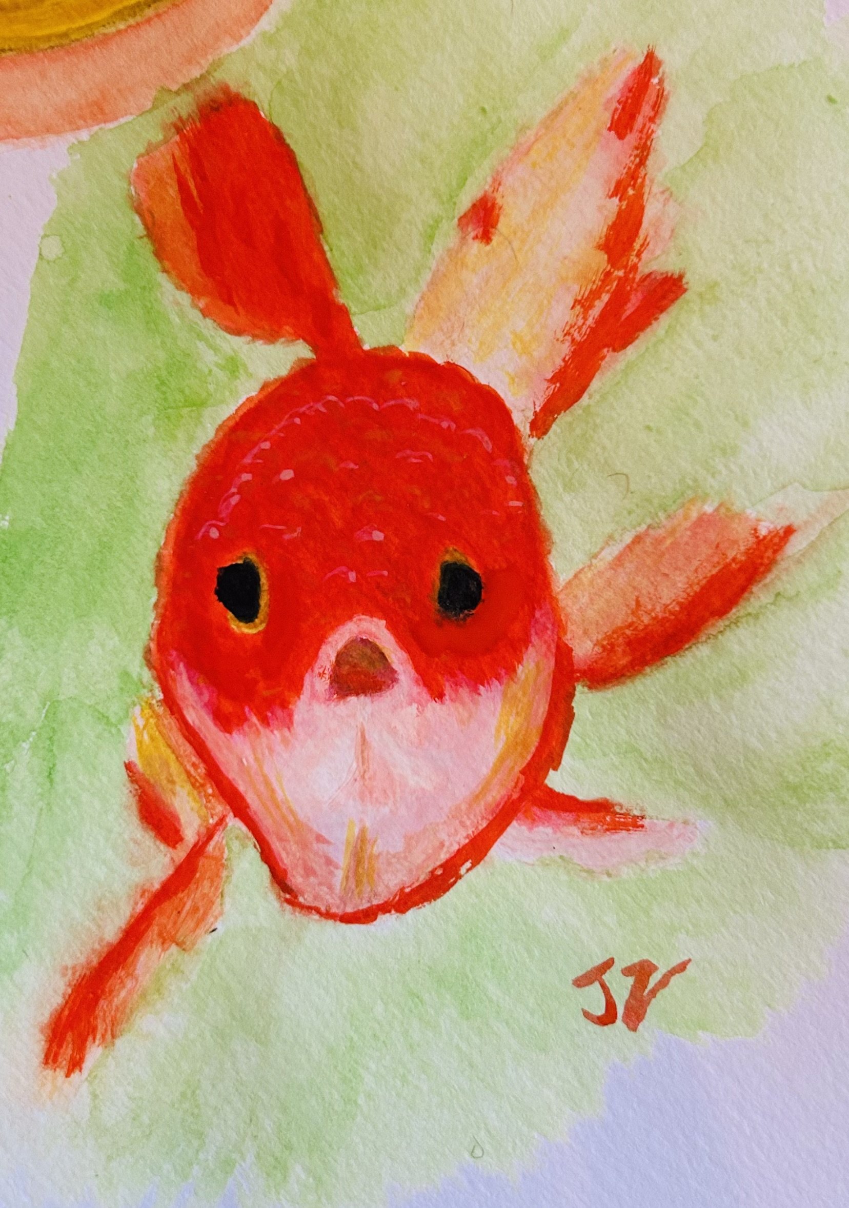 Watercolor painting of a red goldfish with black eyes on a light green background.