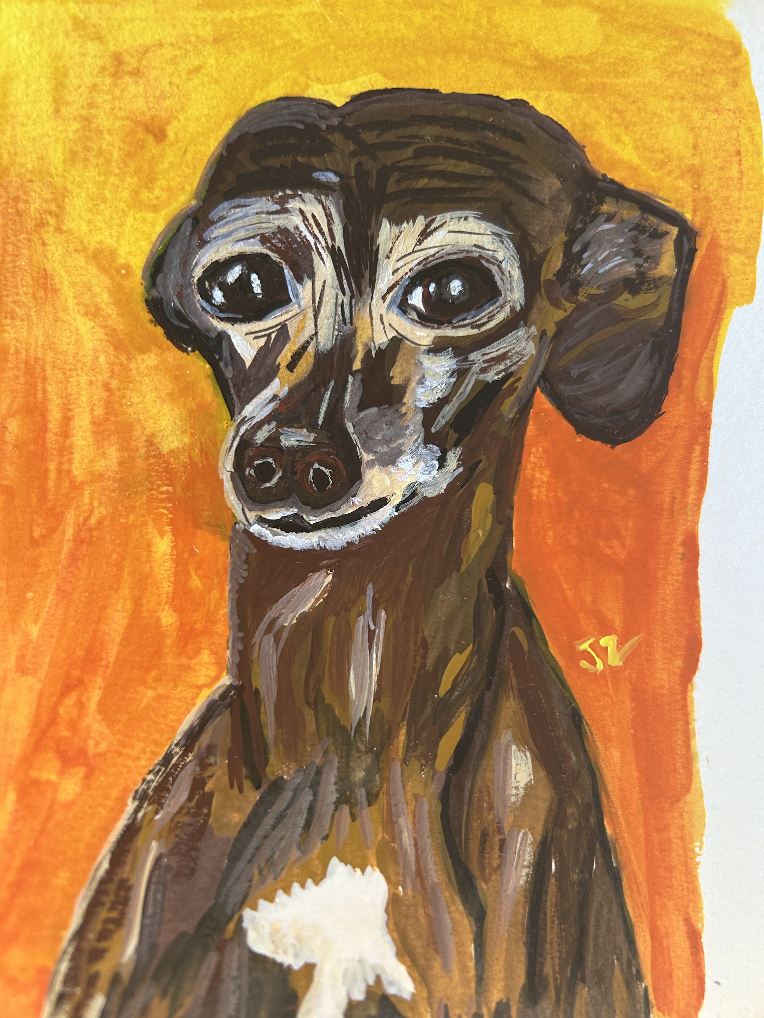 Watercolor painting of a small black and tan dog with large dark eyes, against a bright orange background.