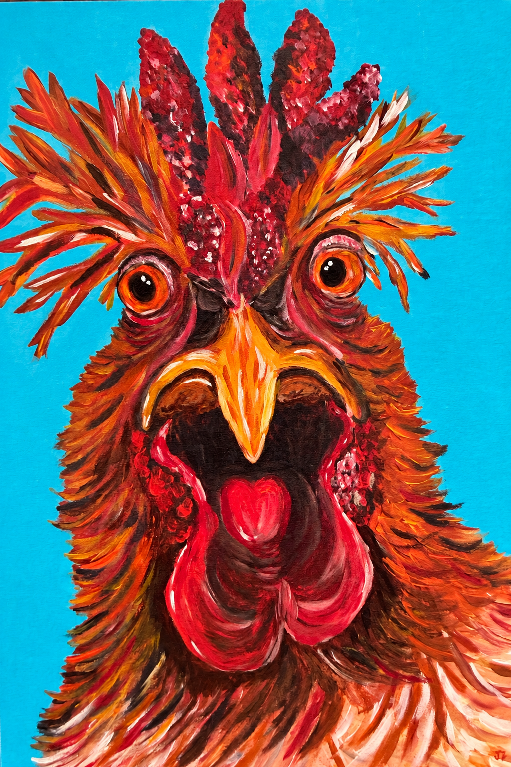 Colorful painting of a rooster with vivid orange, red, and brown feathers, large expressive eyes, a bright yellow beak, and a prominent red comb, set against a bright blue background.