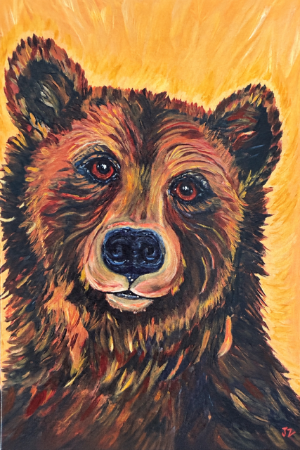 A colorful painting of a bear's face with detailed fur and expressive eyes, set against a vibrant yellow background.